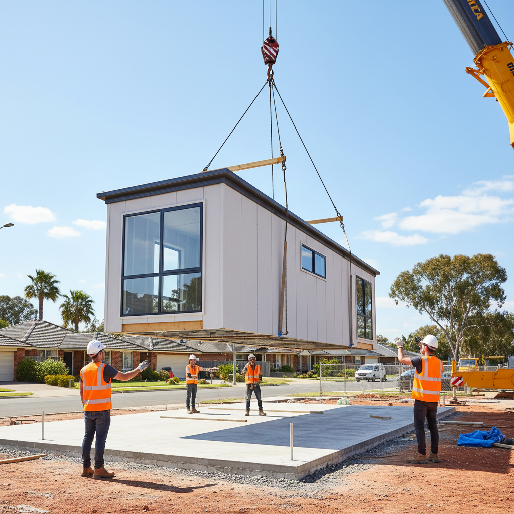 Prefab home module lifted by crane in Sydney