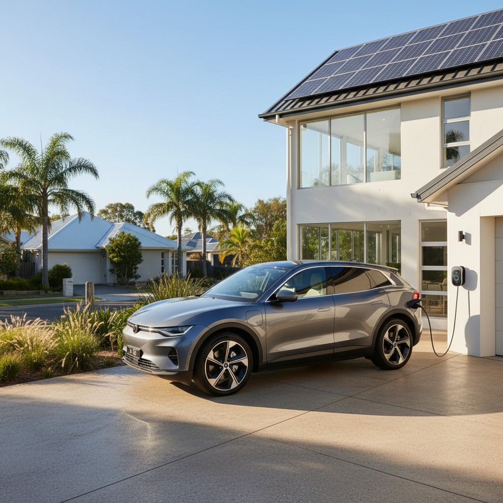 EV parked at a modern Australian home with solar panels