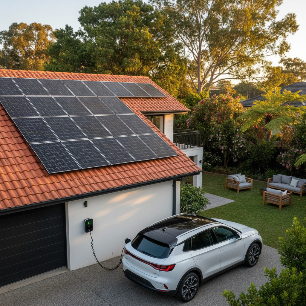 Home solar panels and EV charging in a Sydney backyard