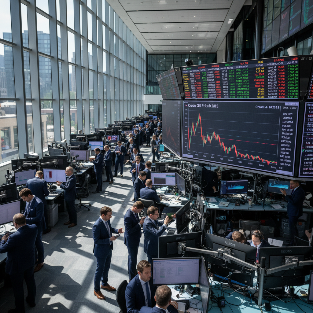 Financial traders monitor oil prices and stock markets