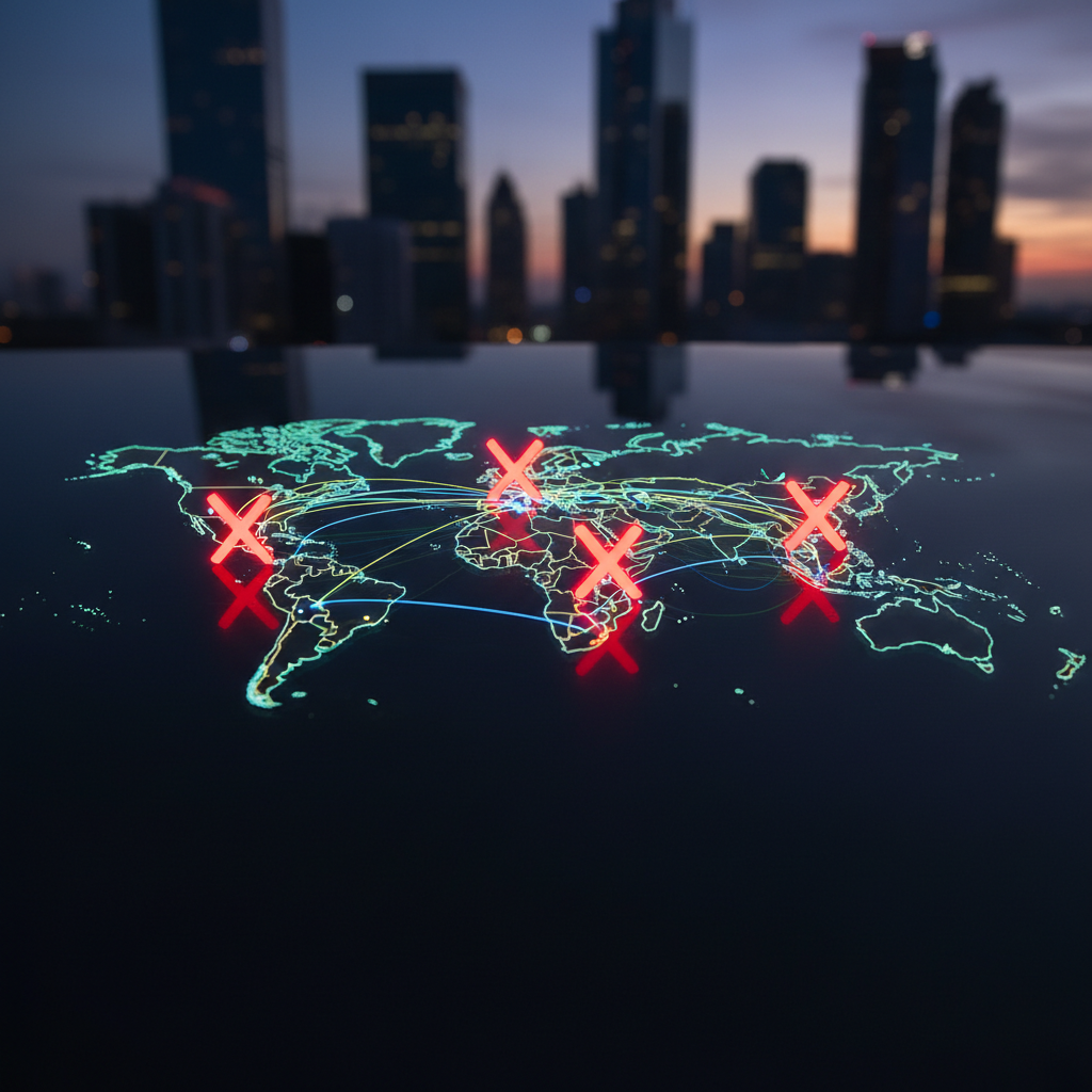 Global supply chain map with disrupted routes