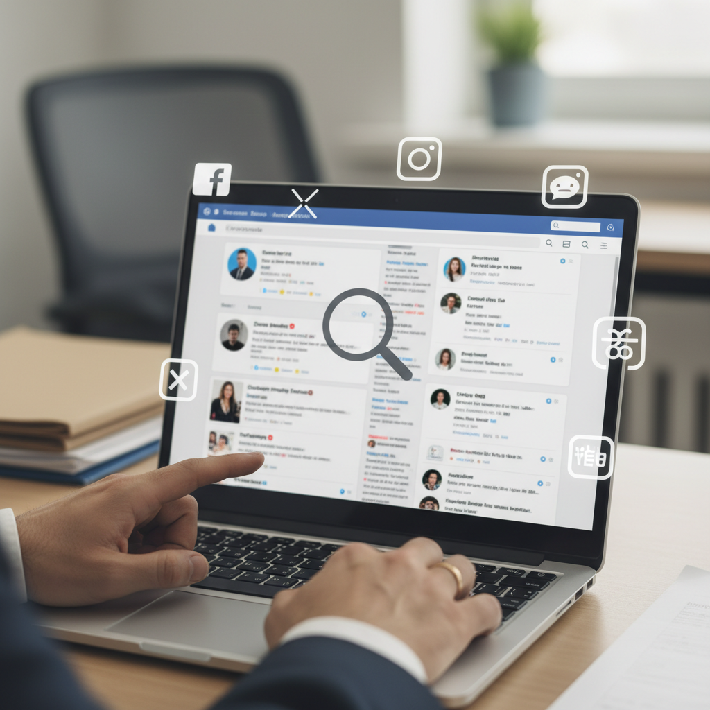 Laptop screen showing social media profiles under review.