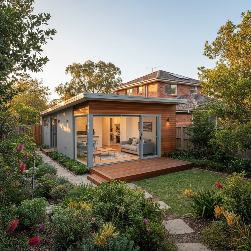 Modern granny flat in Australian backyard at sunset