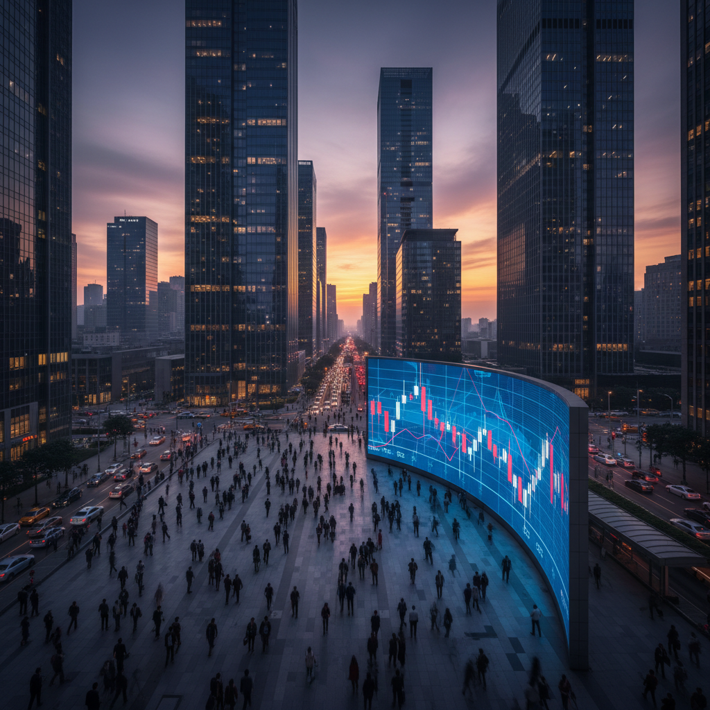 Global financial district at dusk, digital screen showing crypto charts