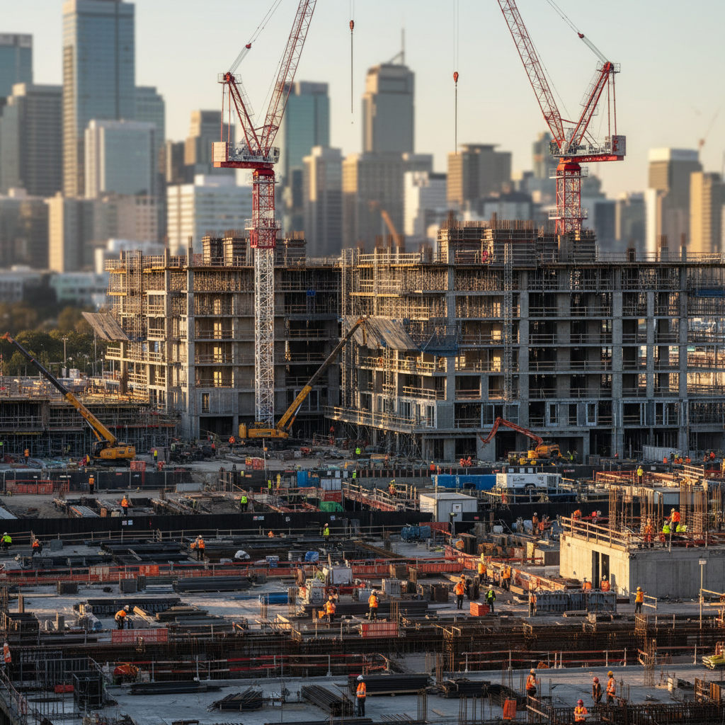 Busy Australian city construction site at dusk