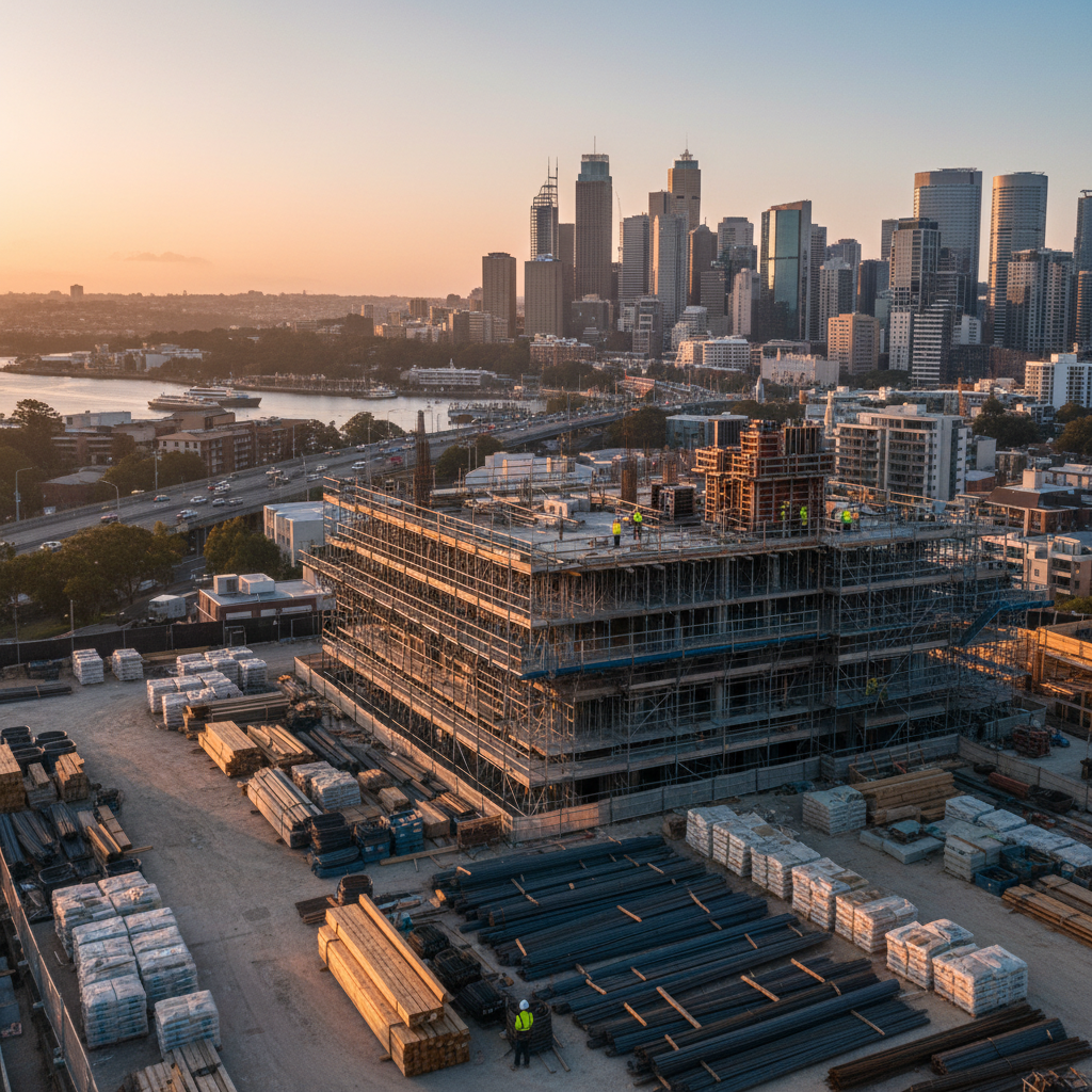 Australian city construction site with materials and slow progress