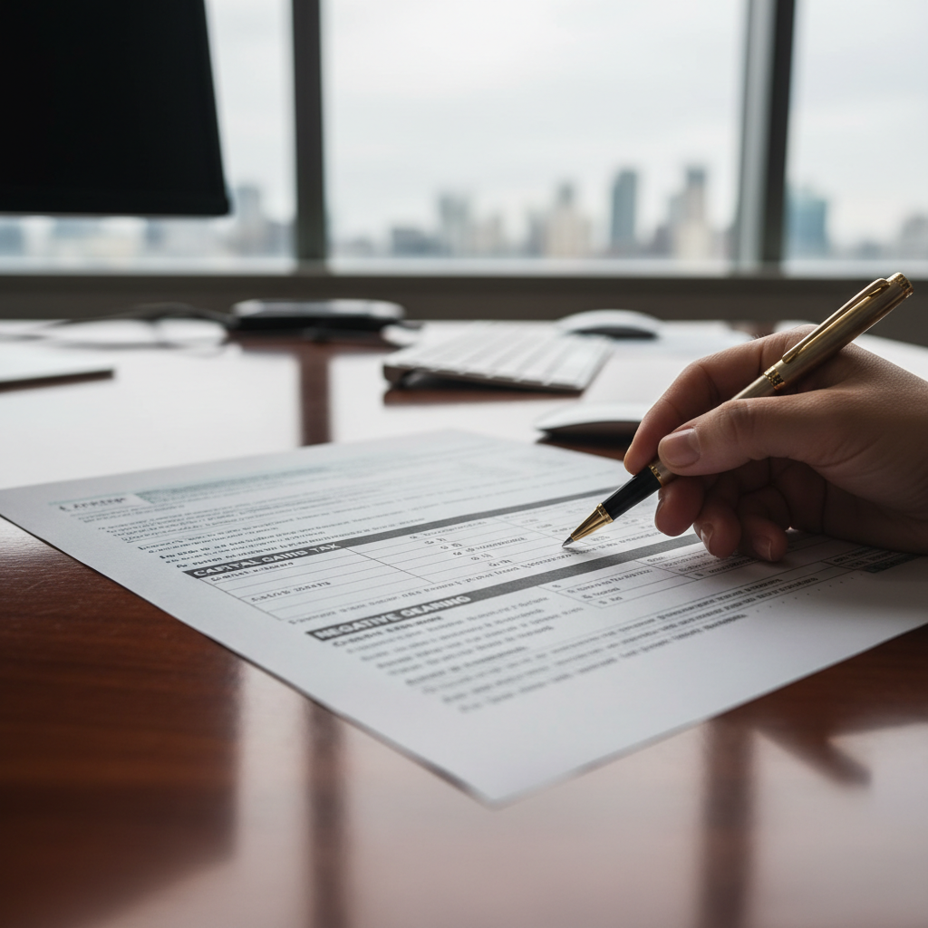 Hand pointing at tax document