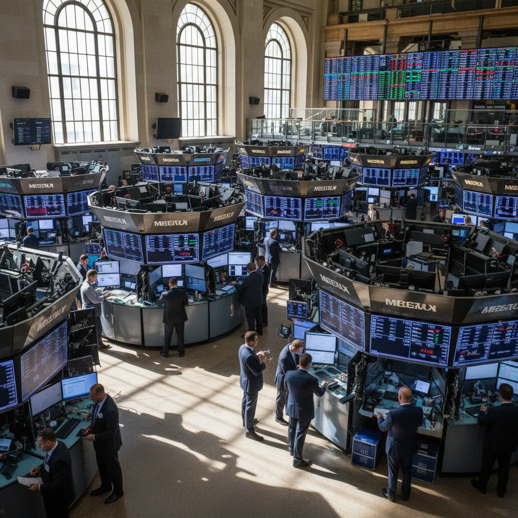 Bustling US stock exchange trading floor