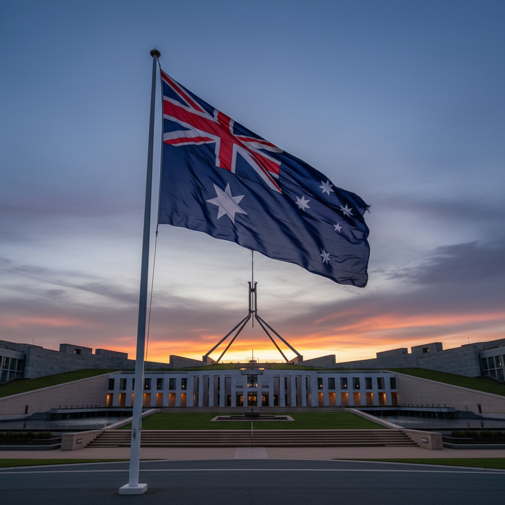 Australian Parliament House at dusk, symbolizing policy.