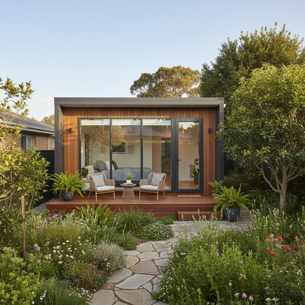 Modern prefab home in Australian suburban backyard