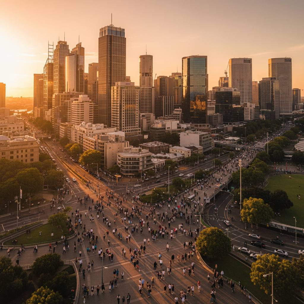 Bustling Australian city skyline at sunset