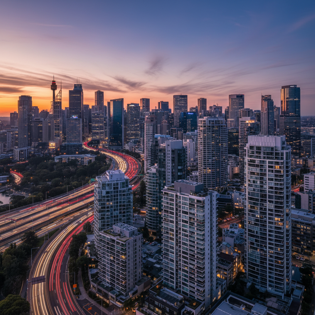 Sydney city skyline at dusk with traffic
