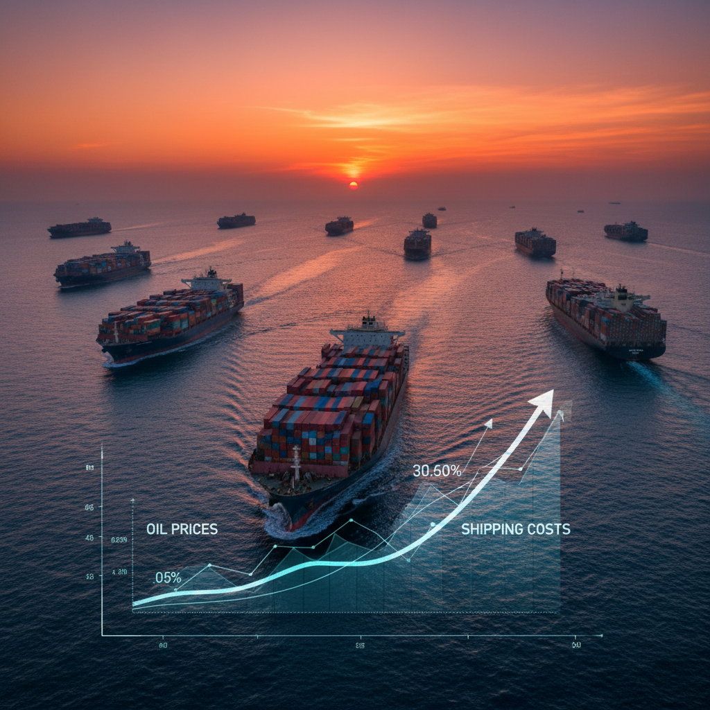 Global shipping lane with rising oil price graphs.