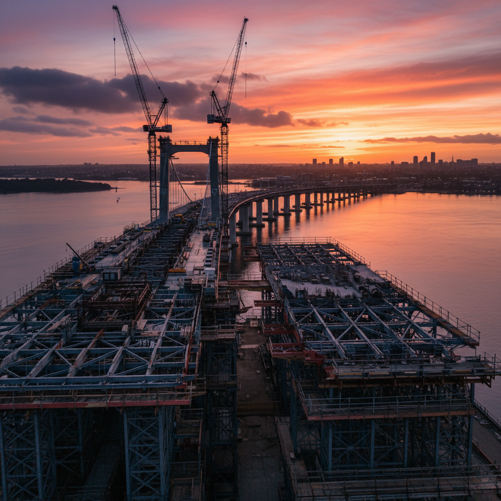 Australian infrastructure project, steel bridge construction at dawn.