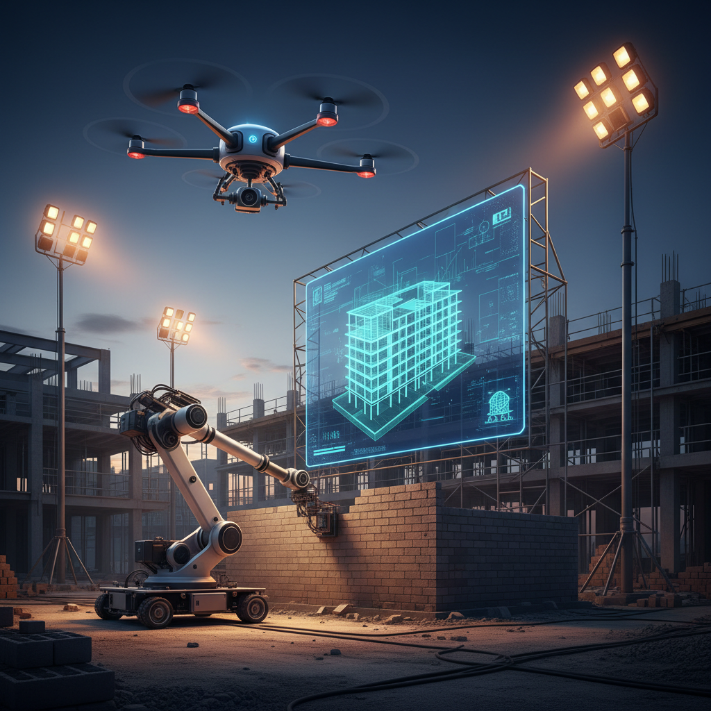 Futuristic construction site with robotics and drones