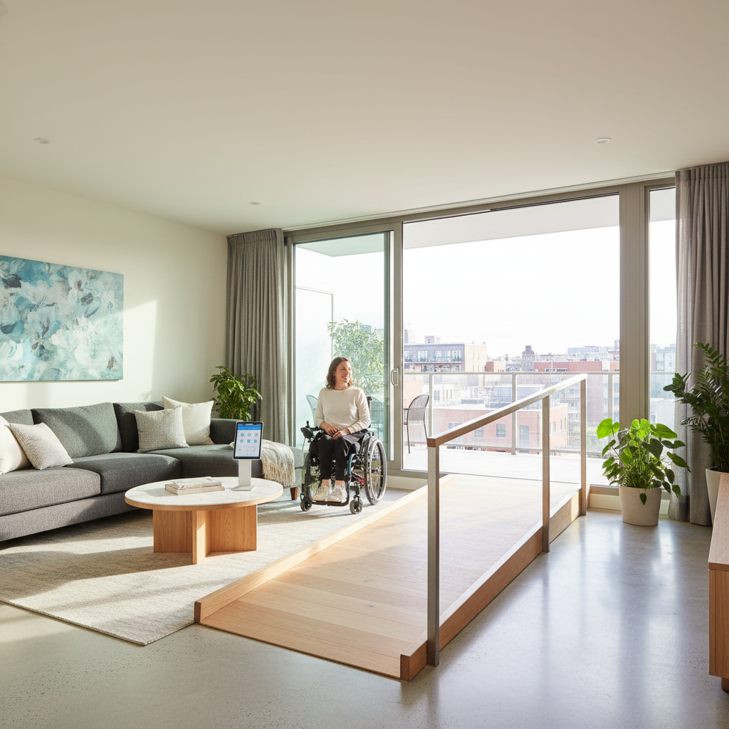 Modern, accessible apartment interior with wide doorways and a ramp.
