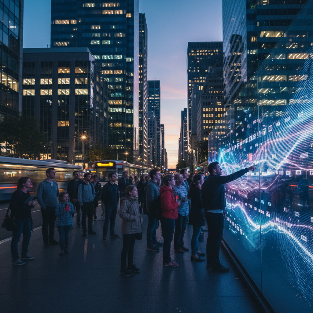 Australian city street, people viewing property ads
