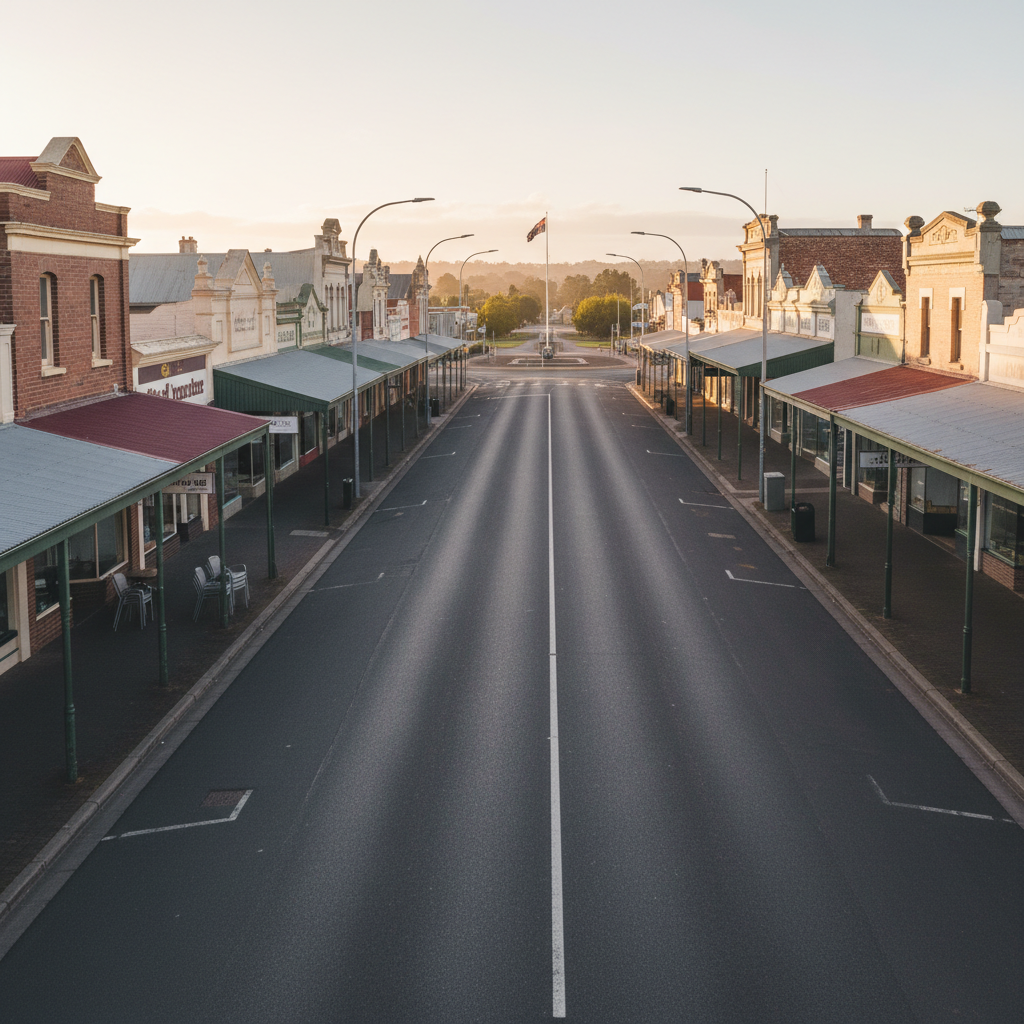 Quiet Australian town street on Anzac Day morning.