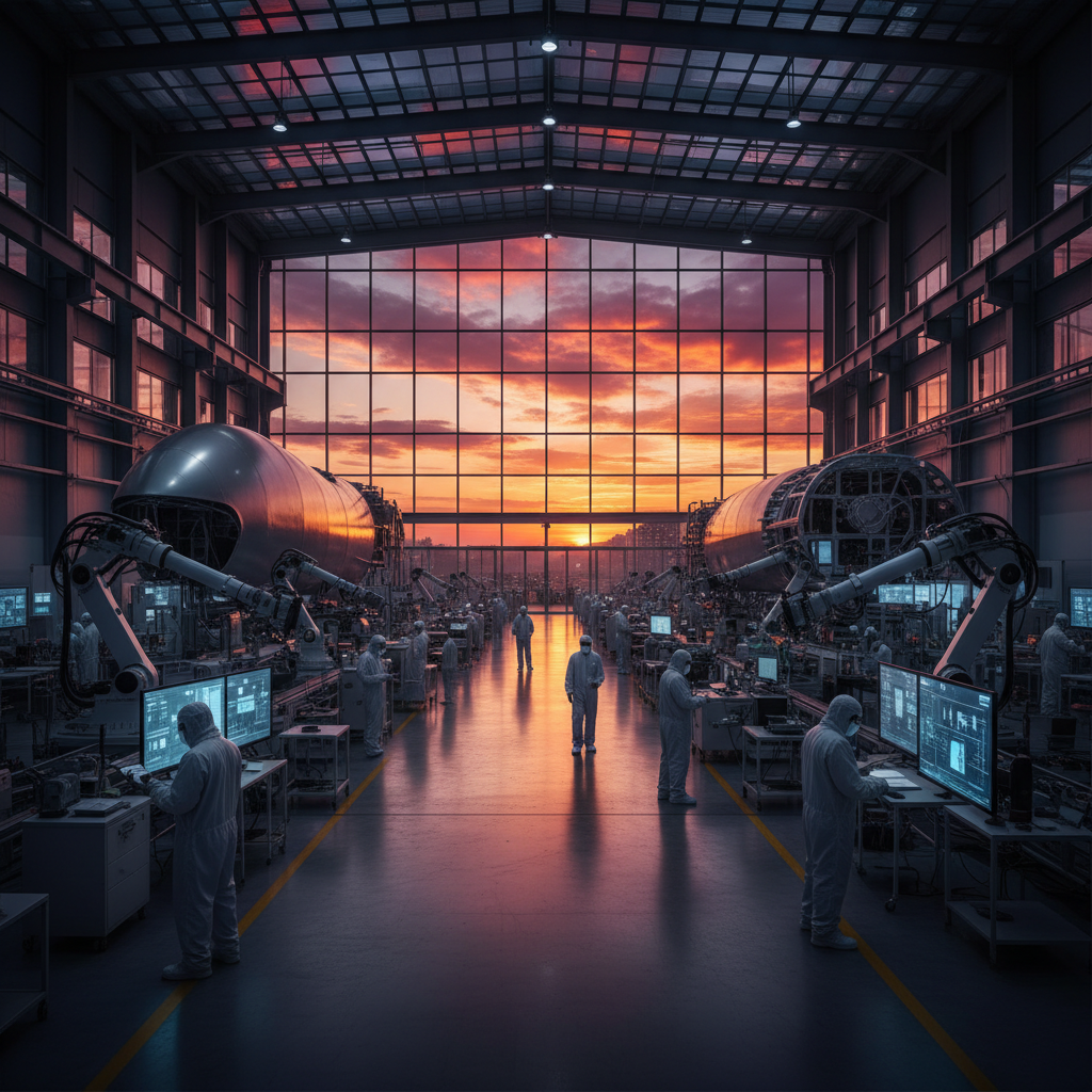 High-tech defence factory at dusk