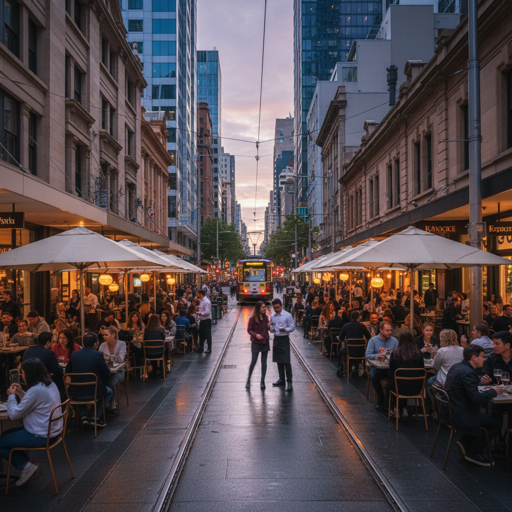 Melbourne CBD street scene at dusk with lively cafes and restaurants.