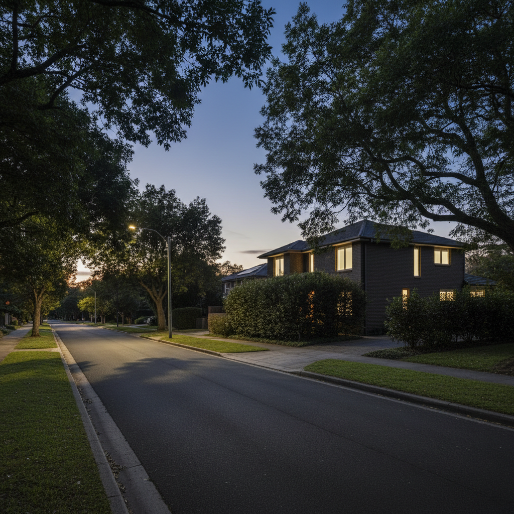 Sydney suburban street at dusk, quiet and slightly unsettling.