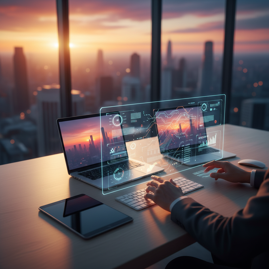 AI-enhanced future office desk with data visualization