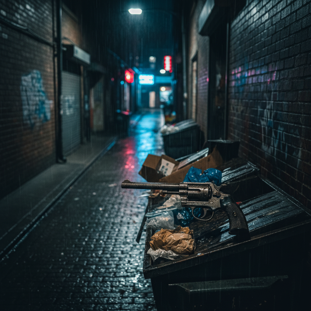 Illegal firearm in a dark city alley.