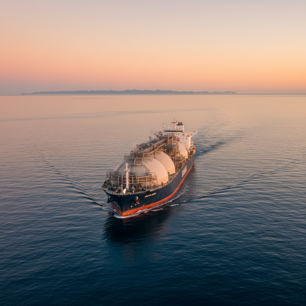 LNG carrier ship sailing at sunrise