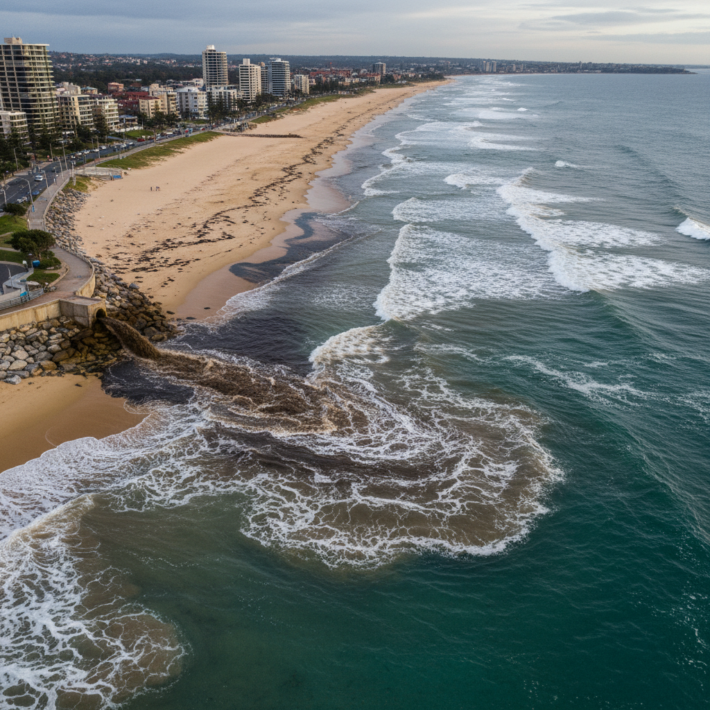 Polluted Sydney beach with stormwater runoff