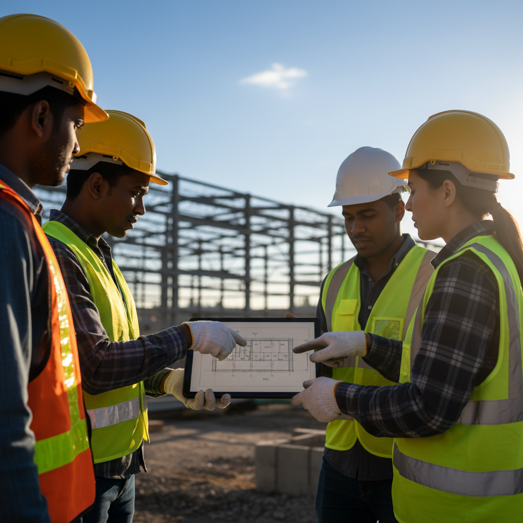 Diverse construction workers collaborating on a building site
