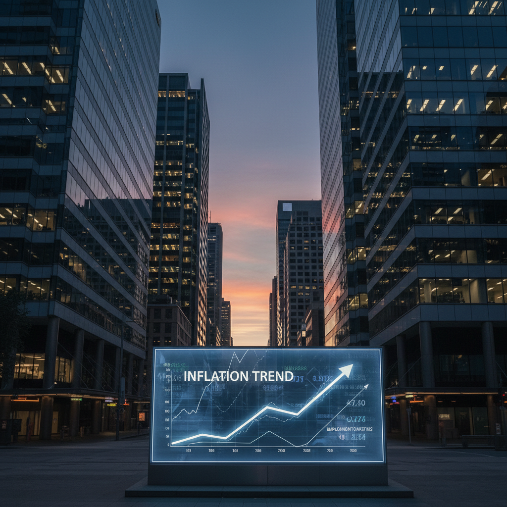 Sydney financial district at dusk with inflation graph