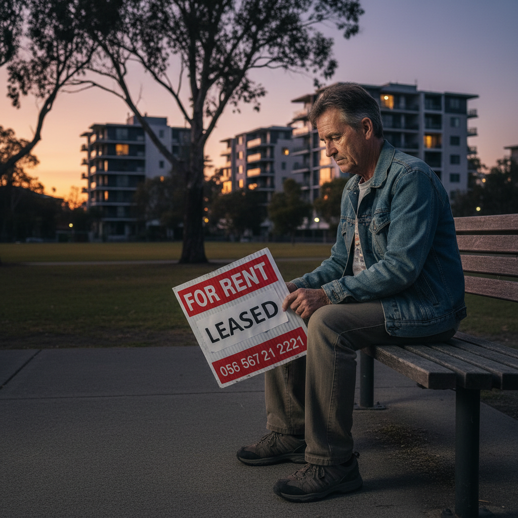 Person on bench with 'Leased' sign