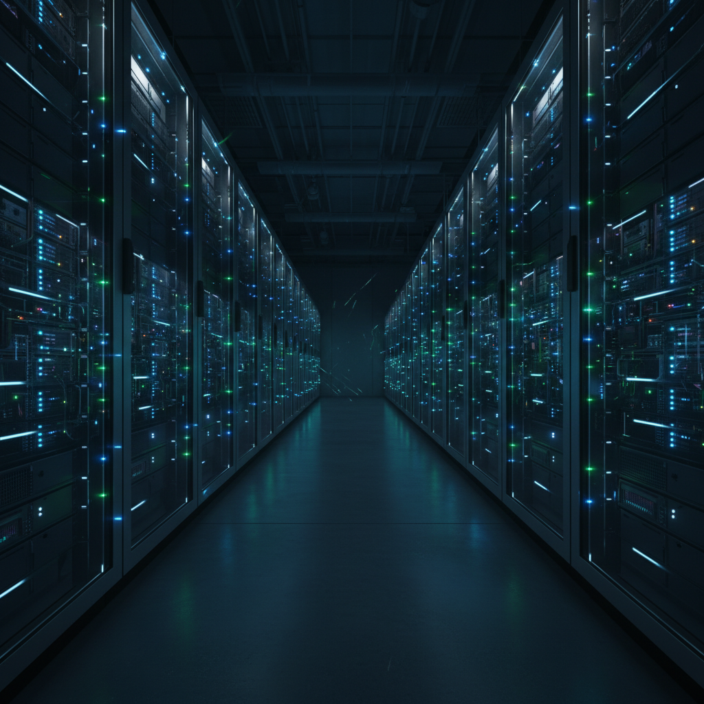 Interior of a large data center with glowing server racks.