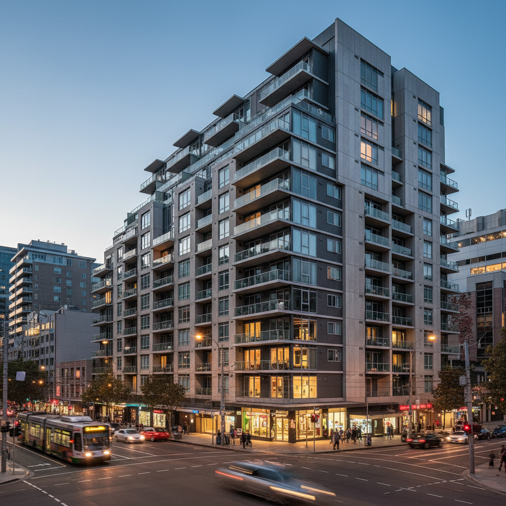 Urban apartment building at dusk, symbolizing elderly rental struggles