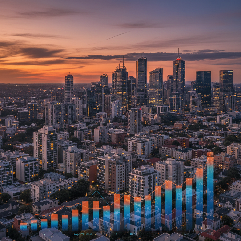 Australian city skyline with rising property prices chart