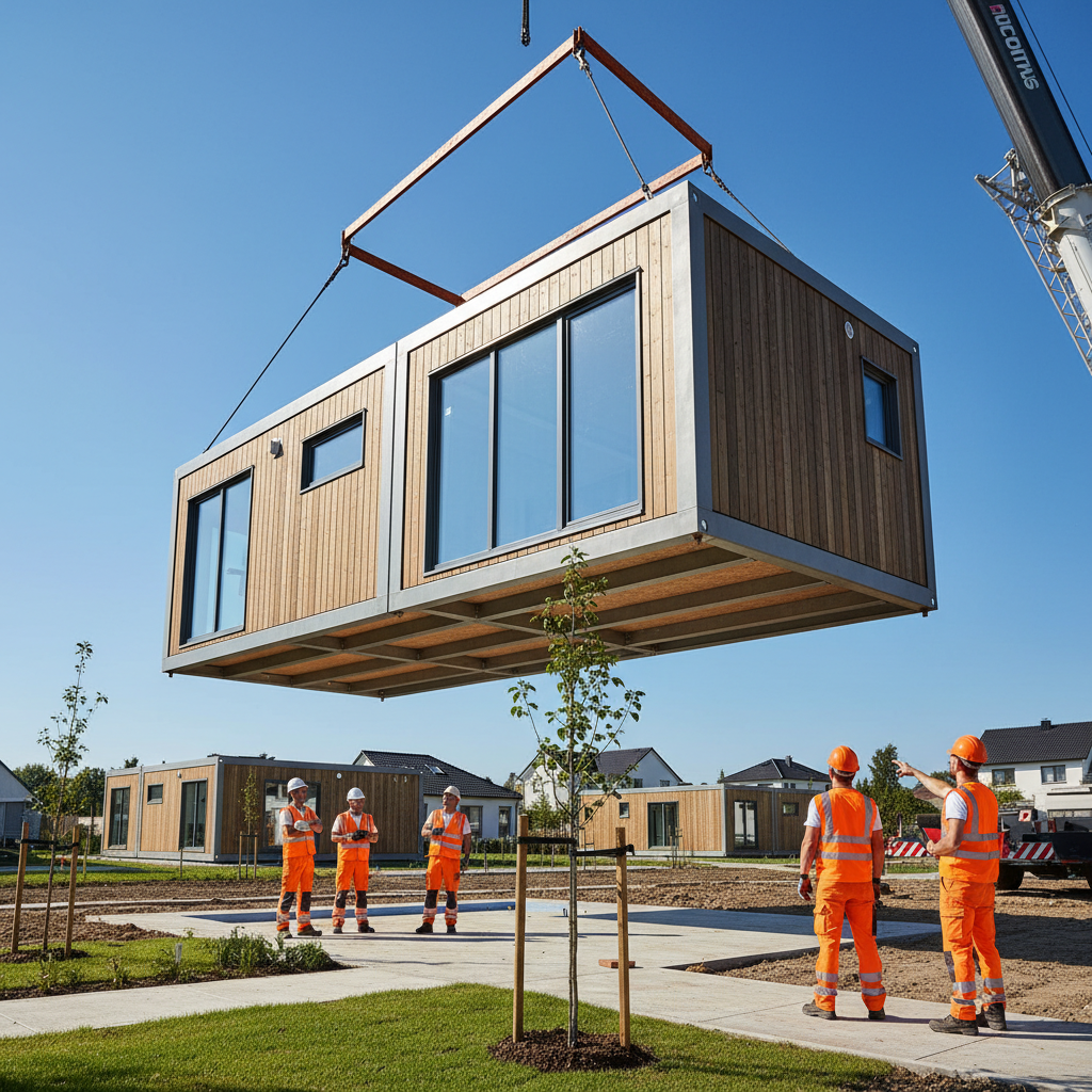 Prefabricated house being installed by crane