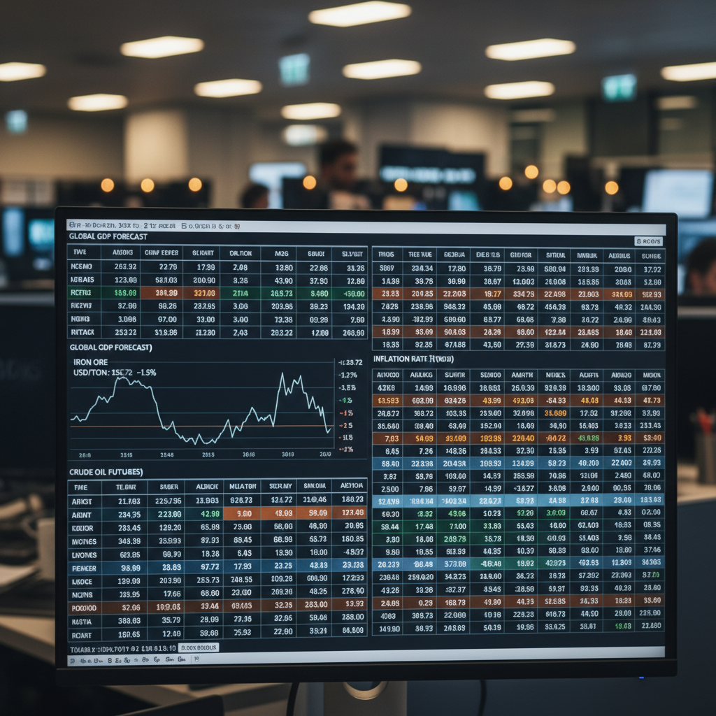 Financial ledger showing economic data and commodity price charts