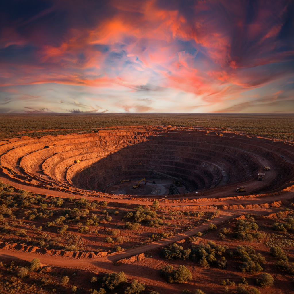 Australian open-pit iron ore mine at sunset