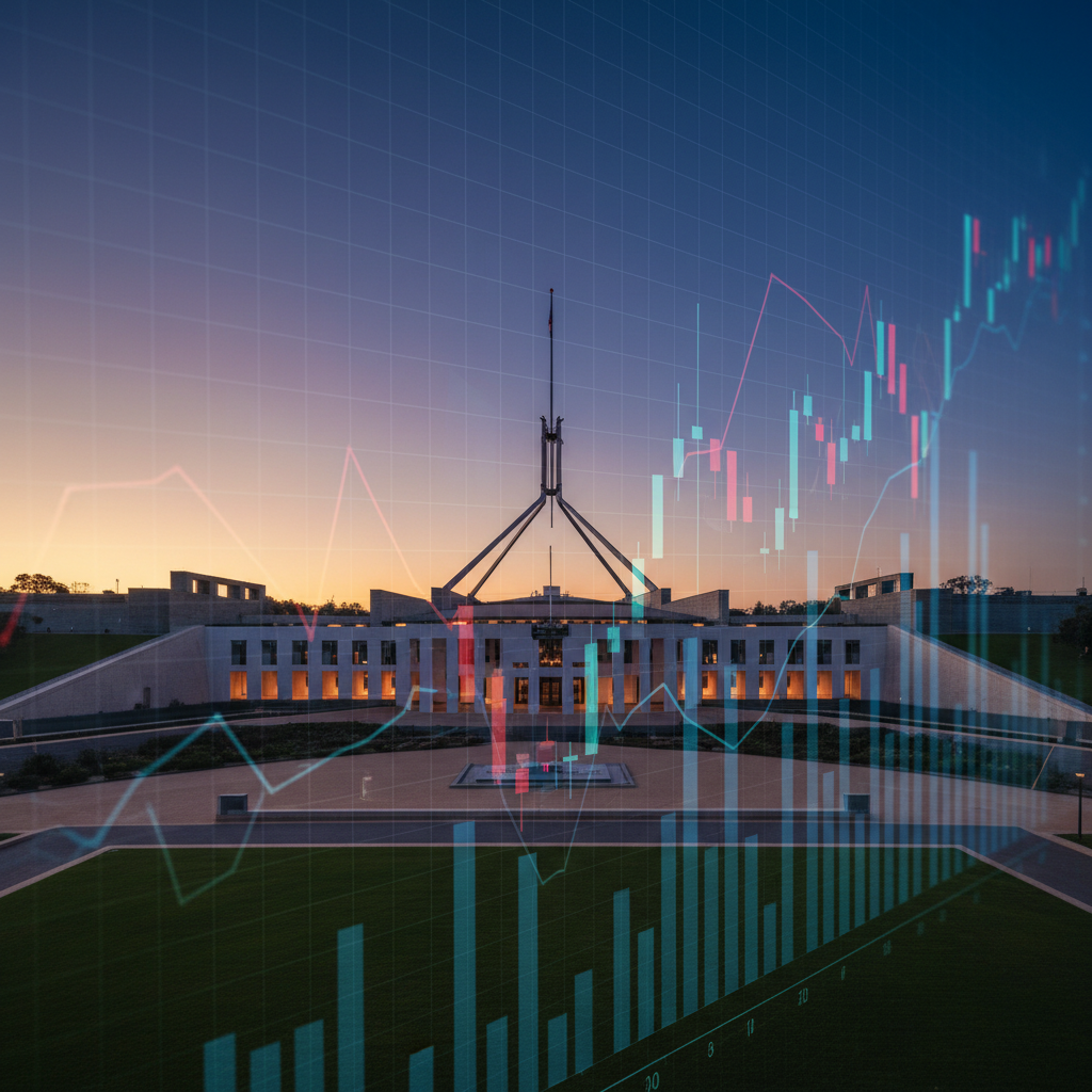 Australian Parliament House with financial charts