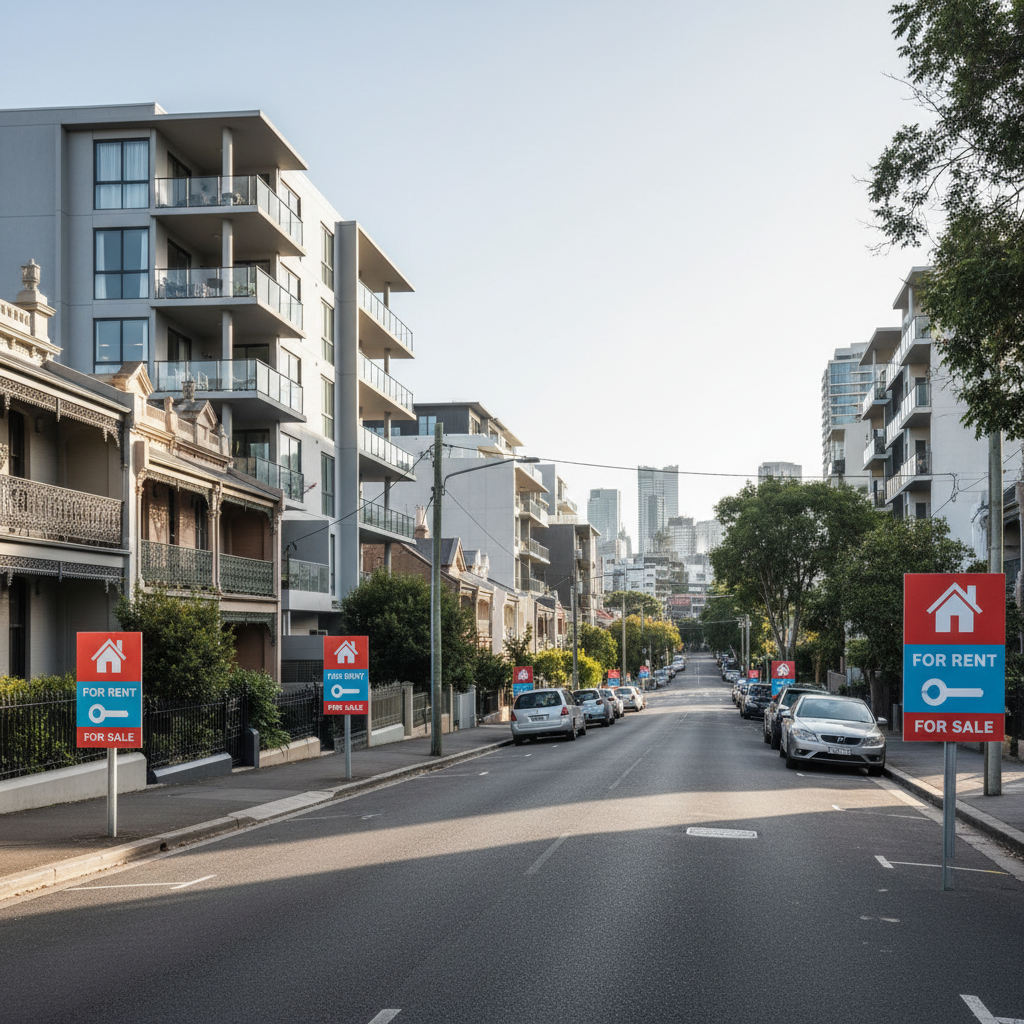 Residential street with 'For Sale' and 'For Rent' signs