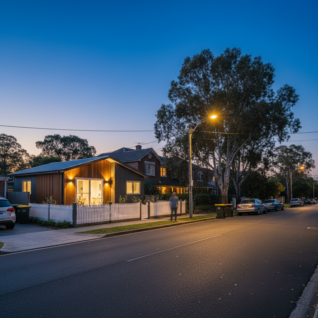 Sydney suburban granny flat at dusk with a subtle security threat.