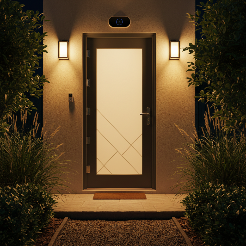 Smart security entrance of a modern granny flat at night.