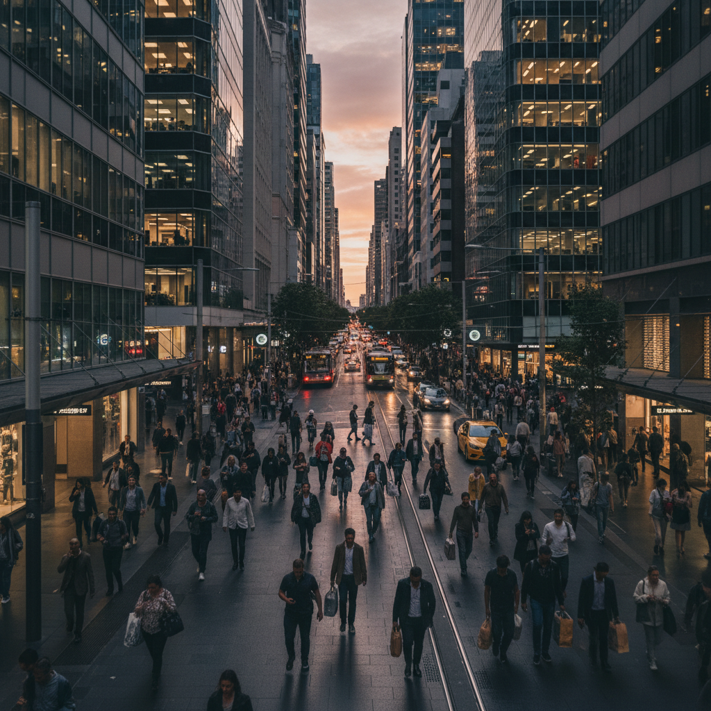 City street at dusk, people with concerned expressions
