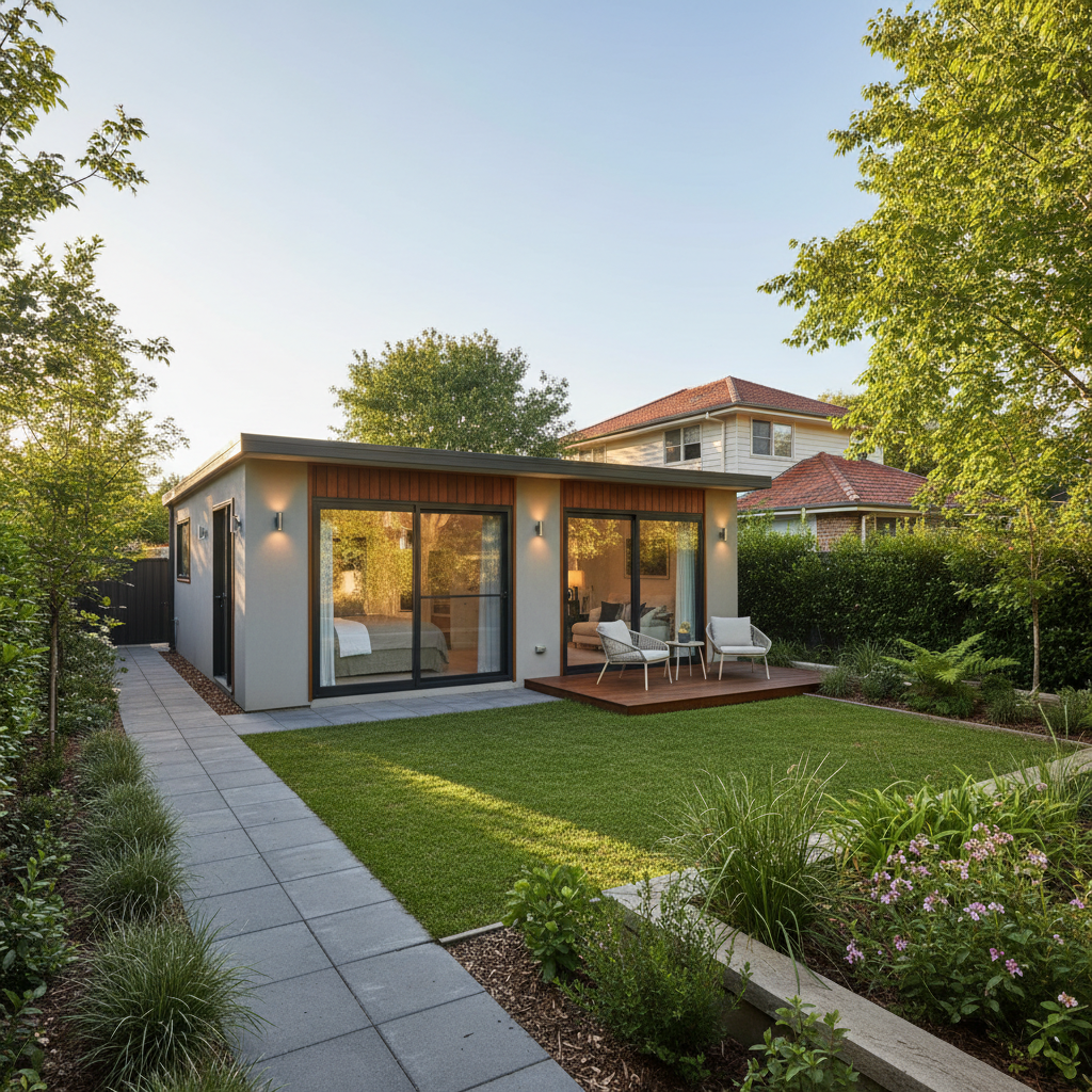 Modern granny flat in backyard, sunny afternoon