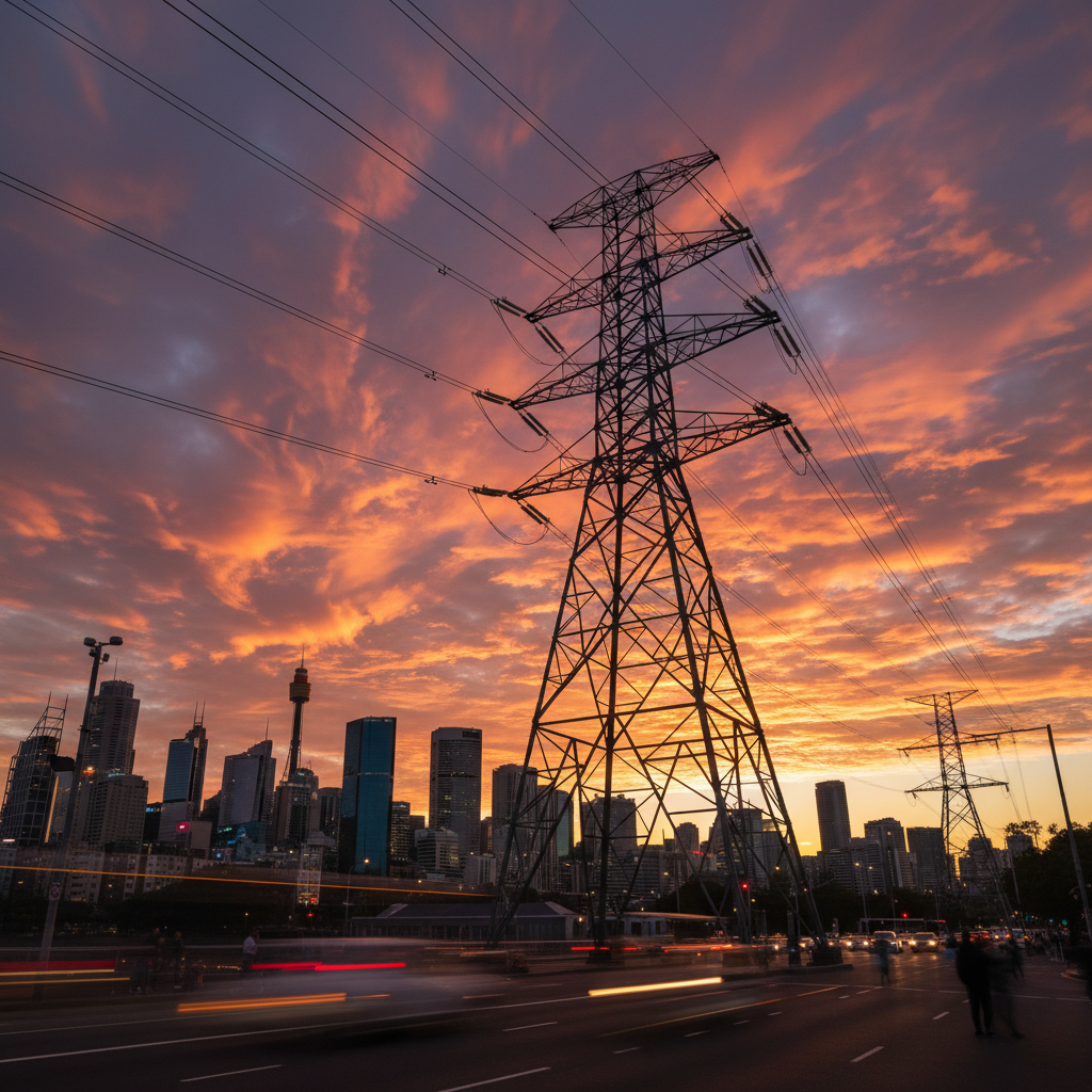 Transmission tower over city skyline