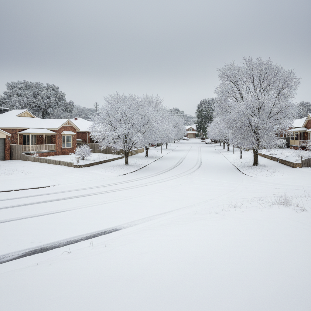 Snow-covered suburban street in Victoria, Australia, during an unusual May cold snap.