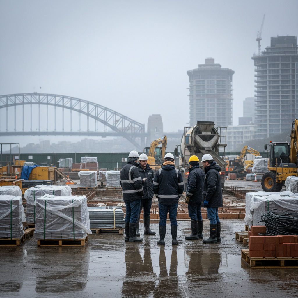 Construction site halted due to cold weather, workers observing.