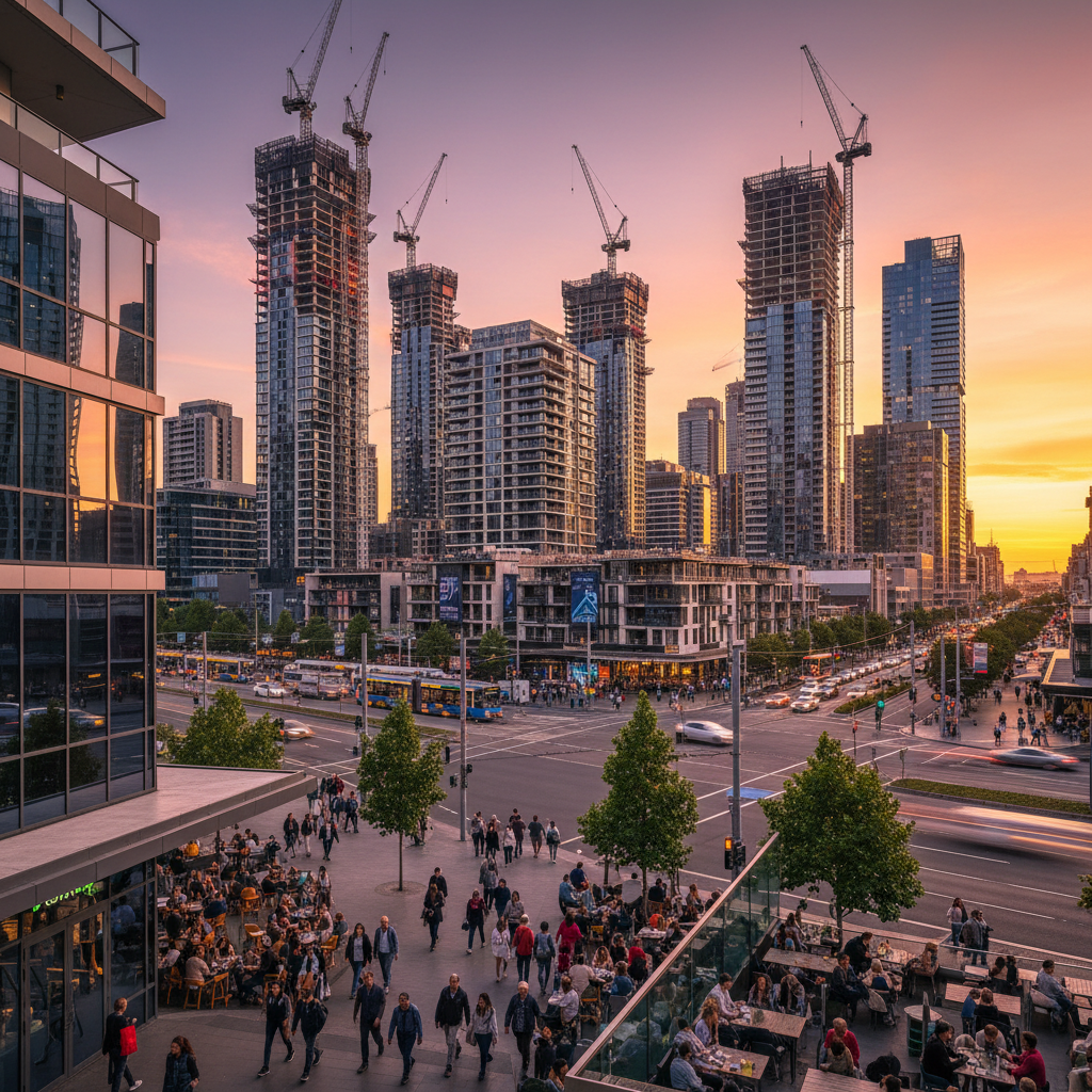 Australian city skyline with construction sites at dusk.