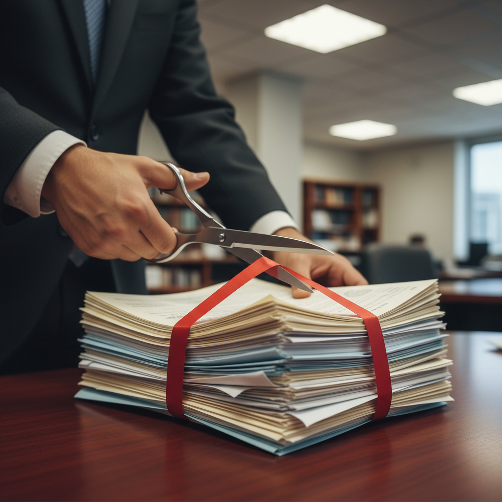 Hands cutting red tape on government planning documents.