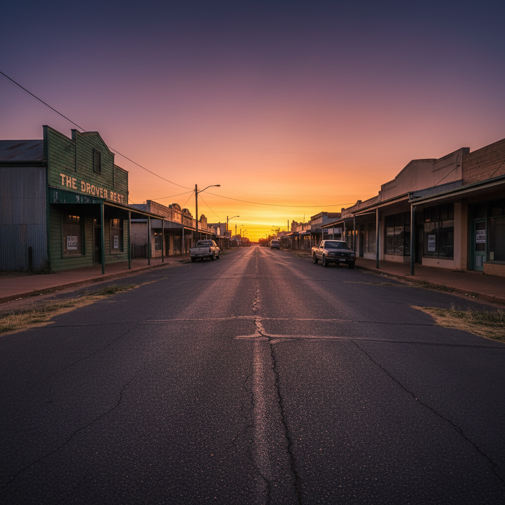 Australian regional town main street at sunset, showing economic hardship.
